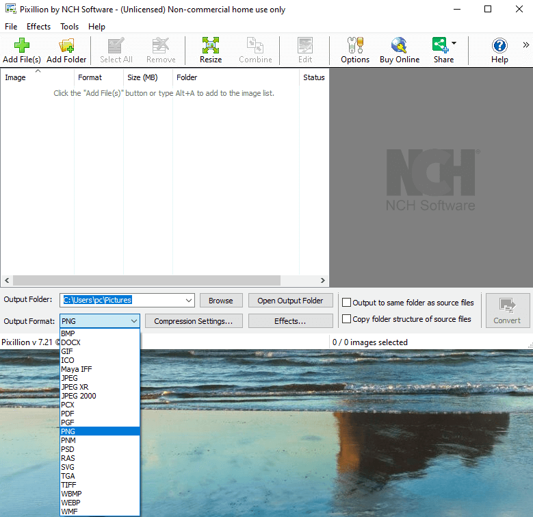 اختيار الصيغ على برنامج تحويل الصور إلى PNG للكمبيوتر